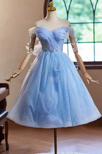 Off Shoulder Short Light Blue Prom Dresses, Off the Shoulder Homecoming Dresses, Light Blue Formal Evening Dresses WT1501