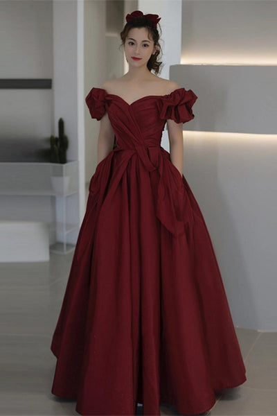 Off the Shoulder Burgundy Satin Long Prom Dresses, Off Shoulder Burgundy Formal Graduation Evening Dresses WT1849