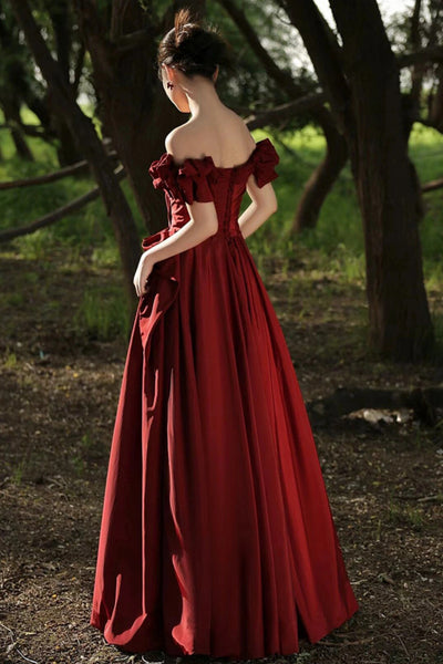 Off the Shoulder Burgundy Satin Long Prom Dresses, Off Shoulder Burgundy Formal Graduation Evening Dresses WT1849