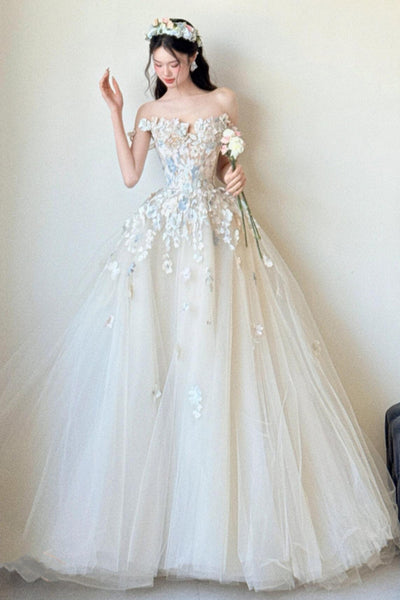 Off the Shoulder Champagne Lace Long Prom Dresses, Champagne Lace Formal Dresses, Off Shoulder Evening Dresses WT1835