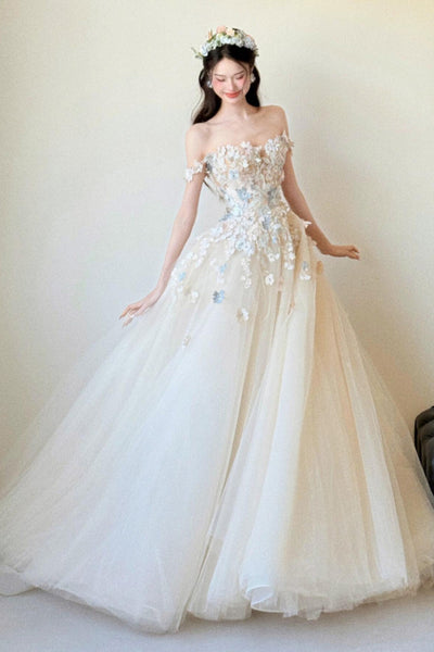 Off the Shoulder Champagne Lace Long Prom Dresses, Champagne Lace Formal Dresses, Off Shoulder Evening Dresses WT1835