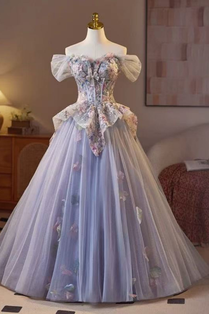 Off the Shoulder Lilac Tulle Long Prom Dresses with Appliques, Off the ...