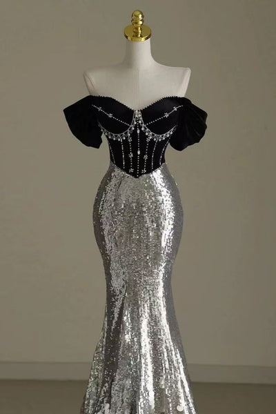 Off the Shoulder Mermaid Silver Gray Sequins Long Prom Dresses, Mermaid Silver Gray Formal Graduation Evening Dresses WT1723