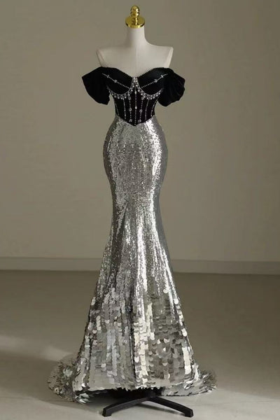 Off the Shoulder Mermaid Silver Gray Sequins Long Prom Dresses, Mermaid Silver Gray Formal Graduation Evening Dresses WT1723