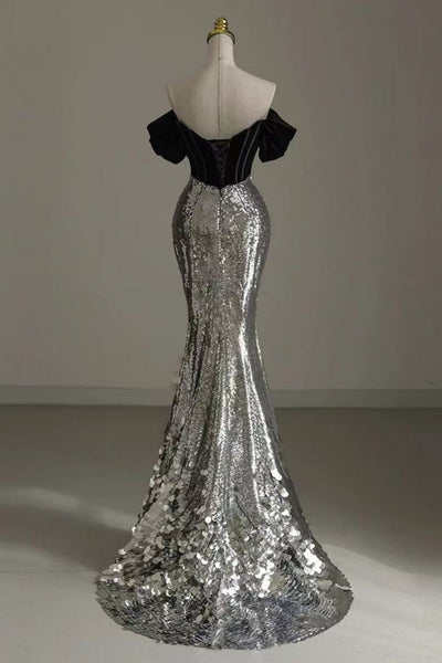 Off the Shoulder Mermaid Silver Gray Sequins Long Prom Dresses, Mermaid Silver Gray Formal Graduation Evening Dresses WT1723