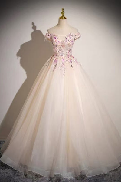Off the Shoulder Pink Lace Long Prom Dresses, Pink Lace Formal Dresses, Pink Tulle Evening Dresses WT1832