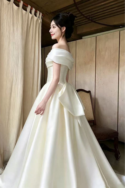 Off the Shoulder White Satin Long Prom Dresses, Off Shoulder Ivory Formal Dresses, White Evening Dresses WT1847