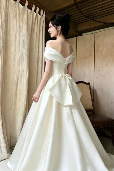 Off the Shoulder White Satin Long Prom Dresses, Off Shoulder Ivory Formal Dresses, White Evening Dresses WT1847