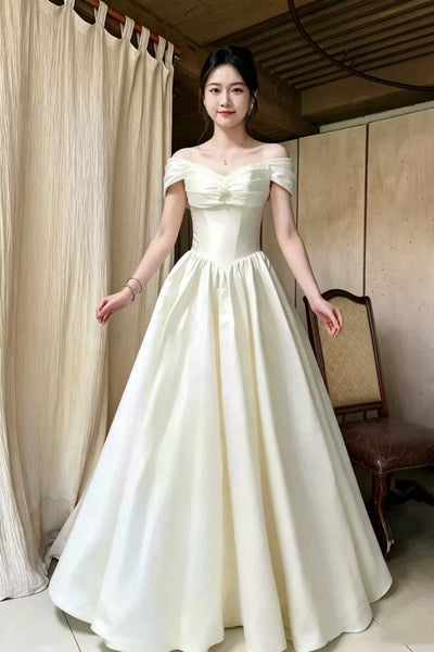 Off the Shoulder White Satin Long Prom Dresses, Off Shoulder Ivory Formal Dresses, White Evening Dresses WT1847