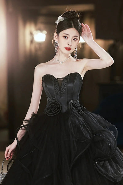 Open Back Strapless Sweetheart Neck Black Long Prom Dresses, Strapless Black Formal Evening Dresses, Black Ball Gown with Train WT1437