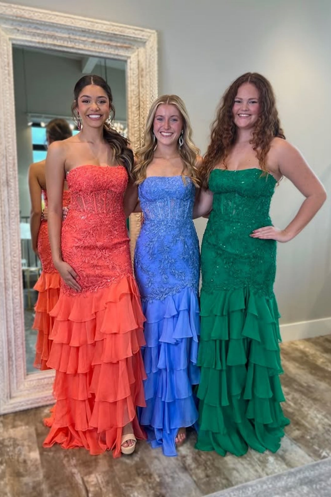 Orange/Blue/Green Mermaid Strapless Lace Long Prom Dresses, Orange/Blue/Green Lace Formal Graduation Evening Dresses
