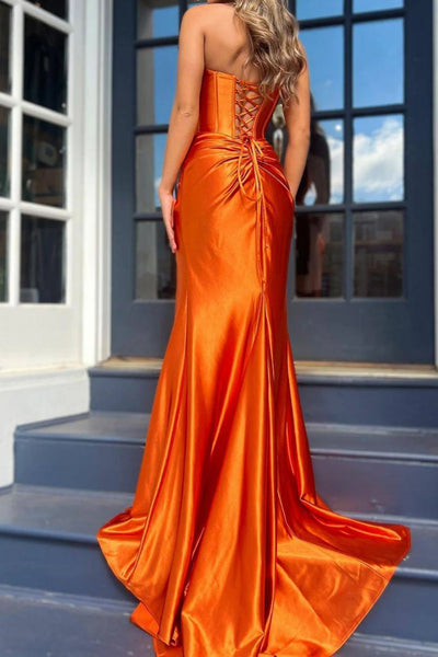 Orange Satin Strapless Mermaid Long Prom Dresses with Train, Mermaid Orange Formal Graduation Evening Dresses WT1350