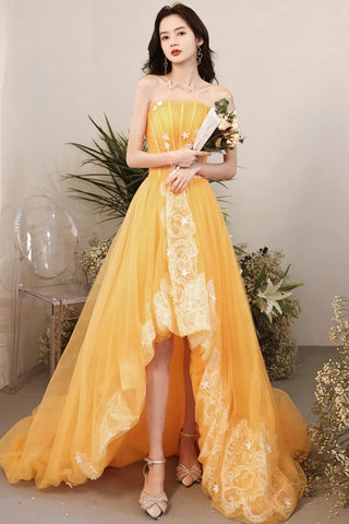 Orange Tulle High Low Strapless Lace Long Prom Dresses, High Low Orange Formal Dresses, Orange Evening Dresses WT1370