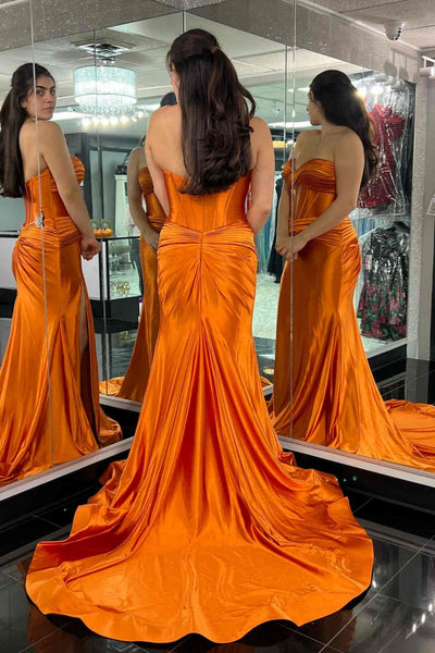 Orange Unique Strapless Mermaid Pleated Long Prom Dresses with High Slit, Mermaid Orange Formal Dresses, Long Orange Evening Dresses WT1334