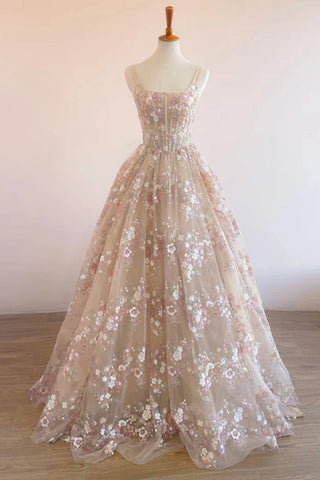 Pink A Line Lace Long Prom Dresses with Appliques, Pink Floral Formal Graduation Evening Dresses