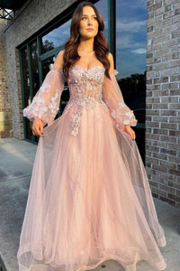 Pink A Line Long Sleeves Lace Floral Long Prom Dresses, Pink Lace Formal Graduation Evening Dresses WT1593