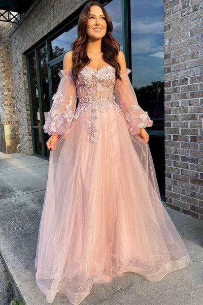 Pink A Line Long Sleeves Lace Floral Long Prom Dresses, Pink Lace Formal Graduation Evening Dresses WT1593