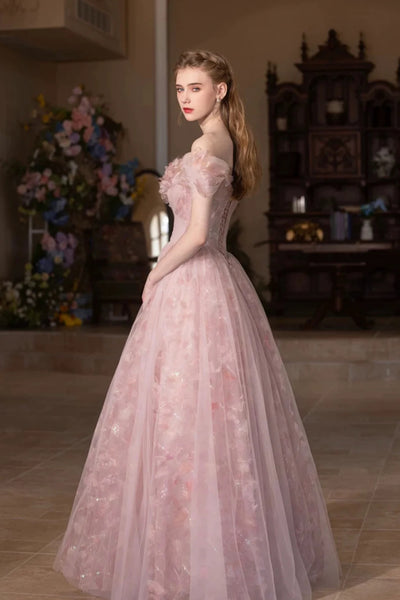 Pink A Line Off the Shoulder Lace Tulle Long Prom Dresses, Pink Lace Formal Dresses, Pink Evening Dresses WT1646