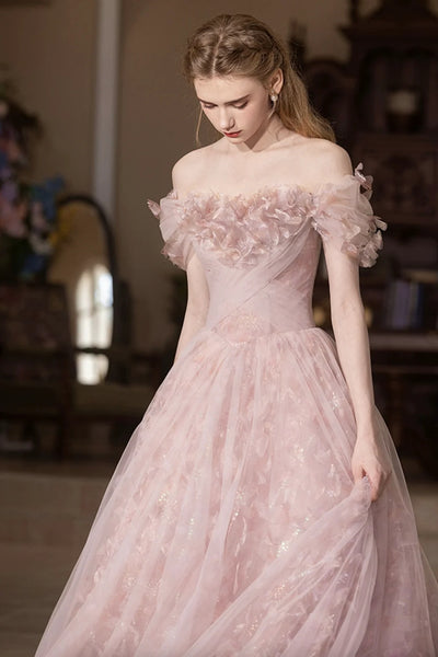 Pink A Line Off the Shoulder Lace Tulle Long Prom Dresses, Pink Lace Formal Dresses, Pink Evening Dresses WT1646