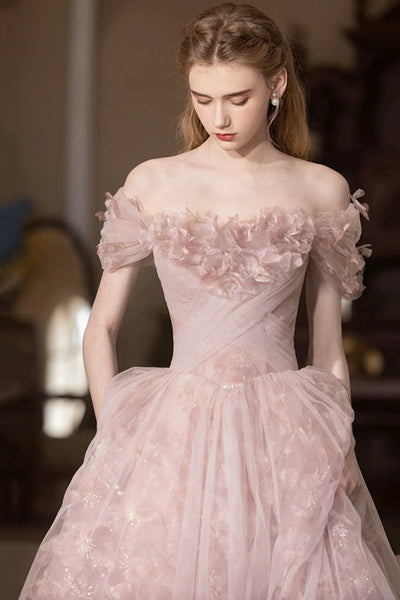 Pink A Line Off the Shoulder Lace Tulle Long Prom Dresses, Pink Lace Formal Dresses, Pink Evening Dresses WT1646