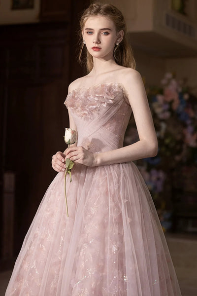 Pink A Line Off the Shoulder Lace Tulle Long Prom Dresses, Pink Lace Formal Dresses, Pink Evening Dresses WT1646