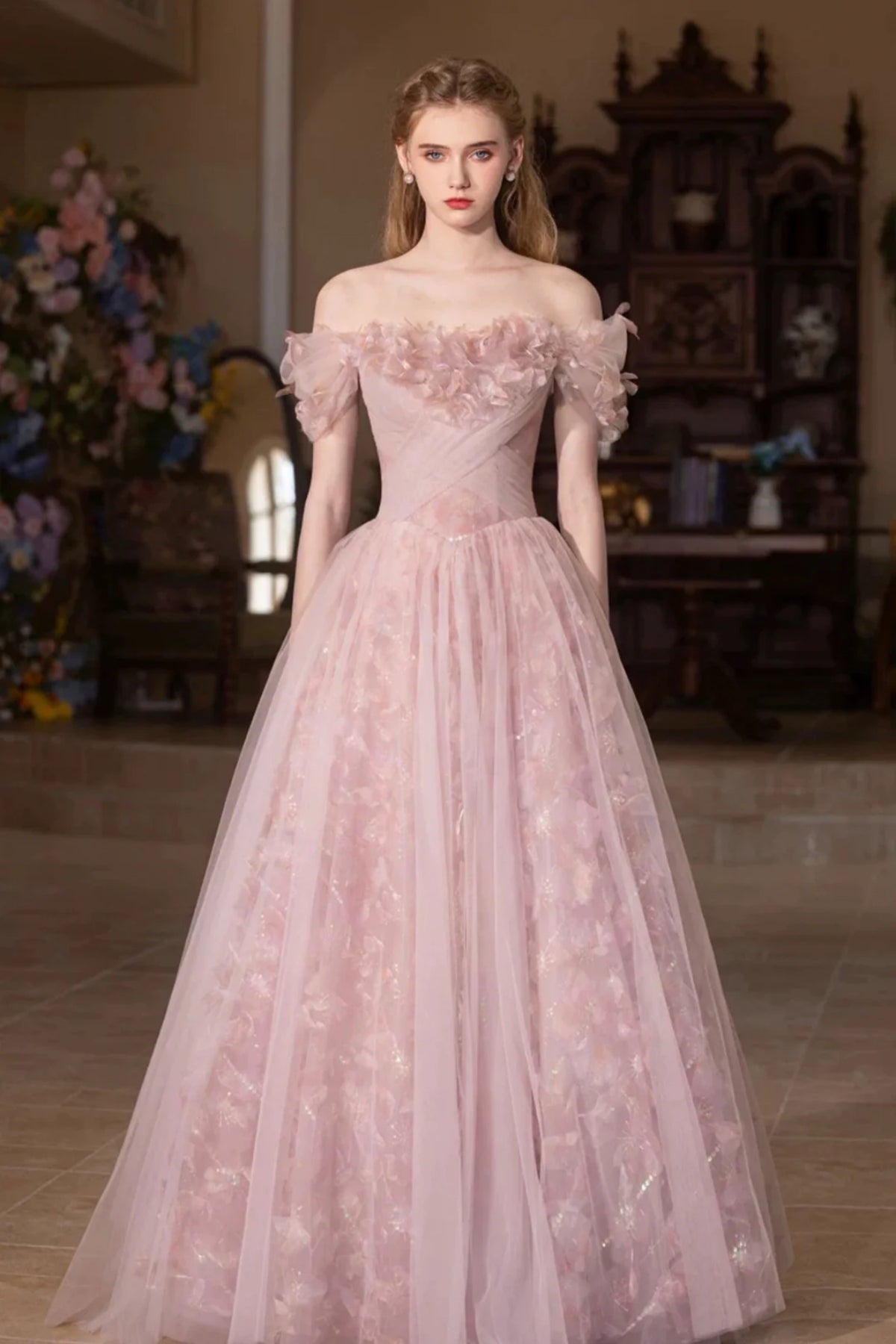 Pink A Line Off the Shoulder Lace Tulle Long Prom Dresses, Pink Lace Formal Dresses, Pink Evening Dresses WT1646