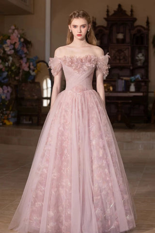 Pink A Line Off the Shoulder Lace Tulle Long Prom Dresses, Pink Lace Formal Dresses, Pink Evening Dresses WT1646
