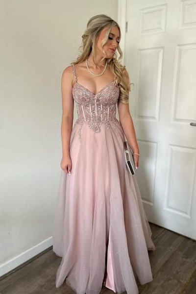 Pink A Line V Neck Lace Long Prom Dresses, Pink Lace Formal Dresses, Pink Tulle Evening Dresses WT1779