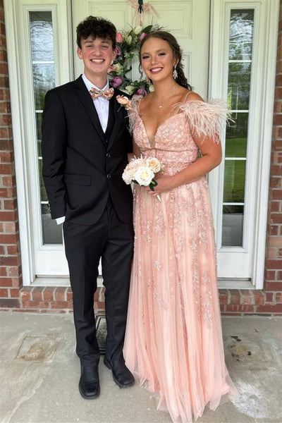 Pink A Line V Neck Lace Long Prom Dresses with Feather, Pink Lace Formal Graduation Evening Dresses WT1579