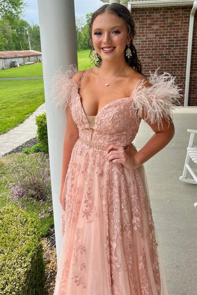 Pink A Line V Neck Lace Long Prom Dresses with Feather, Pink Lace Formal Graduation Evening Dresses WT1579