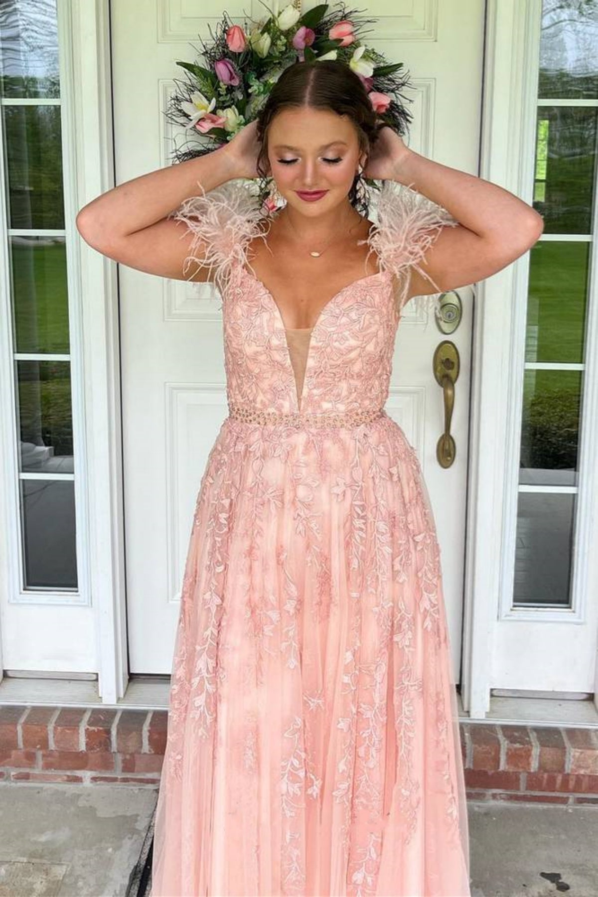 Pink A Line V Neck Lace Long Prom Dresses with Feather, Pink Lace Formal Graduation Evening Dresses WT1579