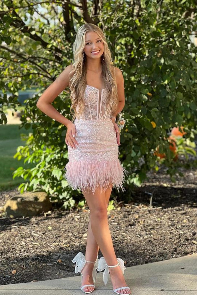 Pink A Line V Neck Lace Short Prom Dresses with Feather, Pink Lace Hom Lwt Dress Pink A Line V Neck Lace Short Prom Dresses with Feather, Pink Lace Hom Lwt Dress