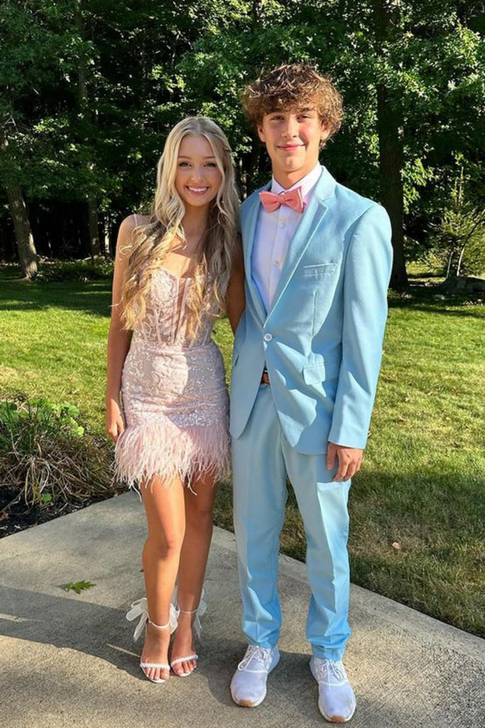 Pink A Line V Neck Lace Short Prom Dresses with Feather, Pink Lace Hom Lwt Dress Pink A Line V Neck Lace Short Prom Dresses with Feather, Pink Lace Hom Lwt Dress