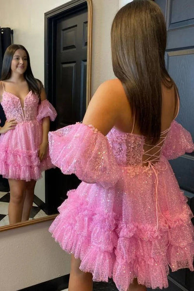 Pink A Line V Neck Off the Shoulder Lace Prom Dresses, Pink Lace Homecoming Dresses, Pink Formal Graduation Evening Dresses WT1527