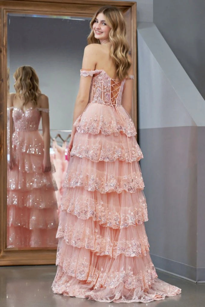 Pink/Black/White A Line Off the Shoulder High Slit Layered Lace Long P – Lwt Dress Pink/Black/White A Line Off the Shoulder High Slit Layered Lace Long P – Lwt Dress