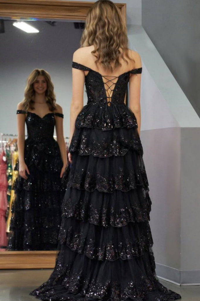 formal dresses pink and black Pink/Black/White A Line Off the Shoulder High Slit Layered Lace Long P – Lwt Dress
