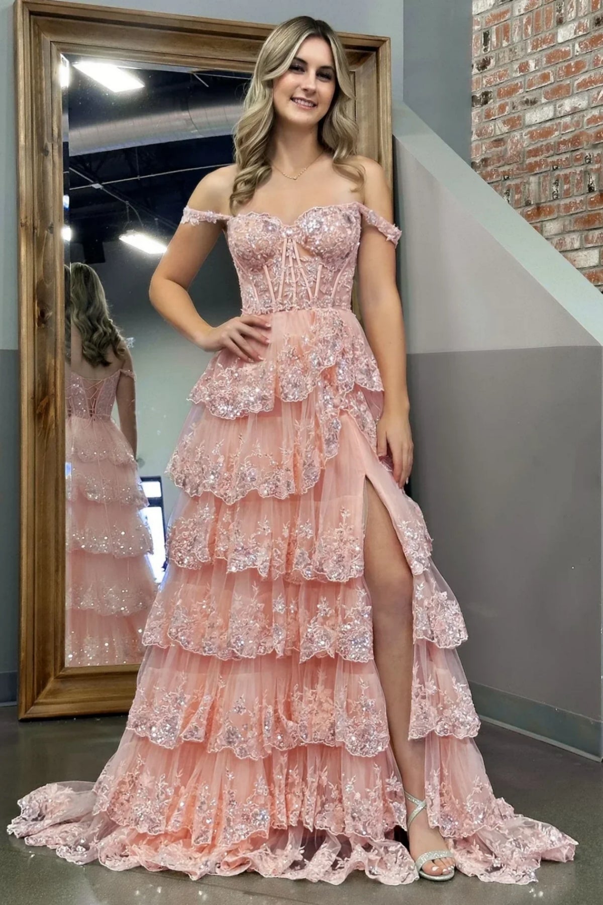 Pink/Black/White A Line Off the Shoulder High Slit Layered Lace Long P Lwt Dress Pink/Black/White A Line Off the Shoulder High Slit Layered Lace Long P Lwt Dress