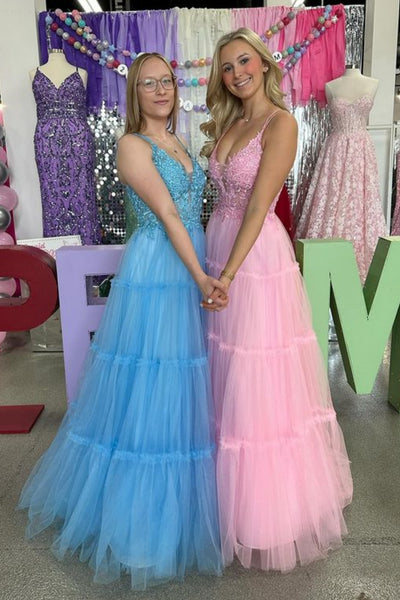 Pink/Blue A Line V Neck Lace Long Prom Dresses, Pink/Blue Lace Formal Dresses, Pink/Blue Evening Dresses WT1478