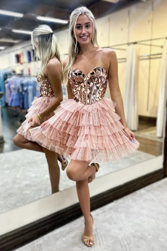 Pink/Blue Tulle Strapless Sweetheart Neck Sequins Prom Dresses, Short Lwt Dress Pink/Blue Tulle Strapless Sweetheart Neck Sequins Prom Dresses, Short Lwt Dress