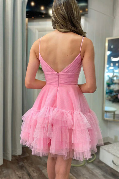 Pink/Blue Tulle V Neck Short Prom Dresses, Pink/Blue Homecoming Dresses, Short Formal Graduation Evening Dresses WT1301