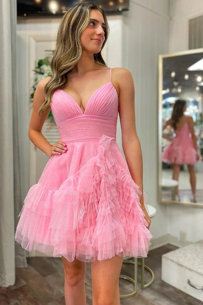 Pink/Blue Tulle V Neck Short Prom Dresses, Pink/Blue Homecoming Dresses, Short Formal Graduation Evening Dresses WT1301
