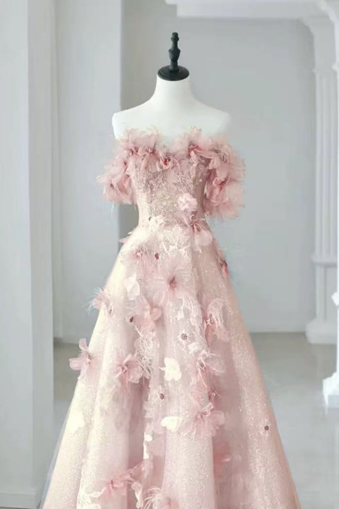 Pink/Blue/Yellow A Line Strapless Lace Floral Long Prom Dresses, Pink/ Lwt Dress Pink/Blue/Yellow A Line Strapless Lace Floral Long Prom Dresses, Pink/ Lwt Dress