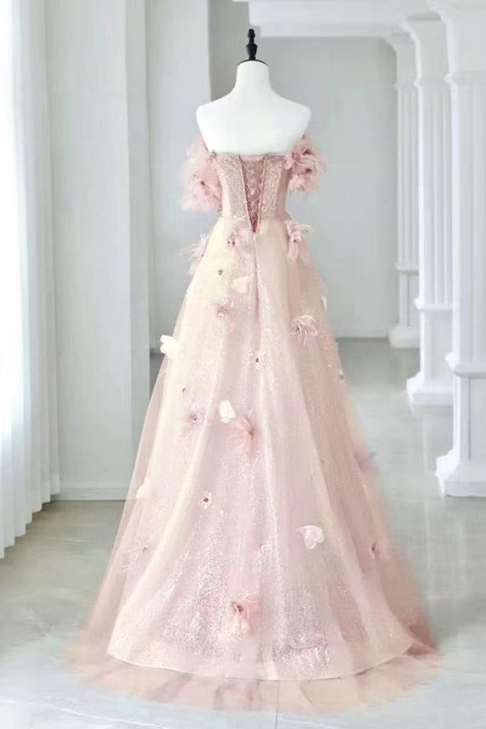 Pink/Blue/Yellow A Line Strapless Lace Floral Long Prom Dresses, Pink/ Lwt Dress Pink/Blue/Yellow A Line Strapless Lace Floral Long Prom Dresses, Pink/ Lwt Dress