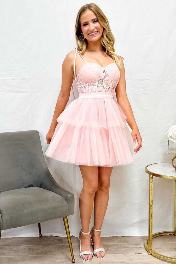 Pink Cute A Line Layered Lace Short Prom Dresses, Pink Lace Homecoming Lwt Dress Pink Cute A Line Layered Lace Short Prom Dresses, Pink Lace Homecoming Lwt Dress