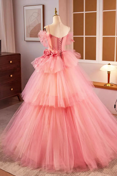Pink Gorgeous Off Shoulder Layered Floral Long Prom Dresses, Pink Floral Formal Evening Dresses, Pink Ball Gown WT1381