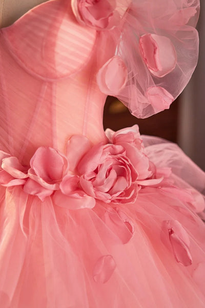 Pink Gorgeous Off Shoulder Layered Floral Long Prom Dresses, Pink Floral Formal Evening Dresses, Pink Ball Gown WT1381