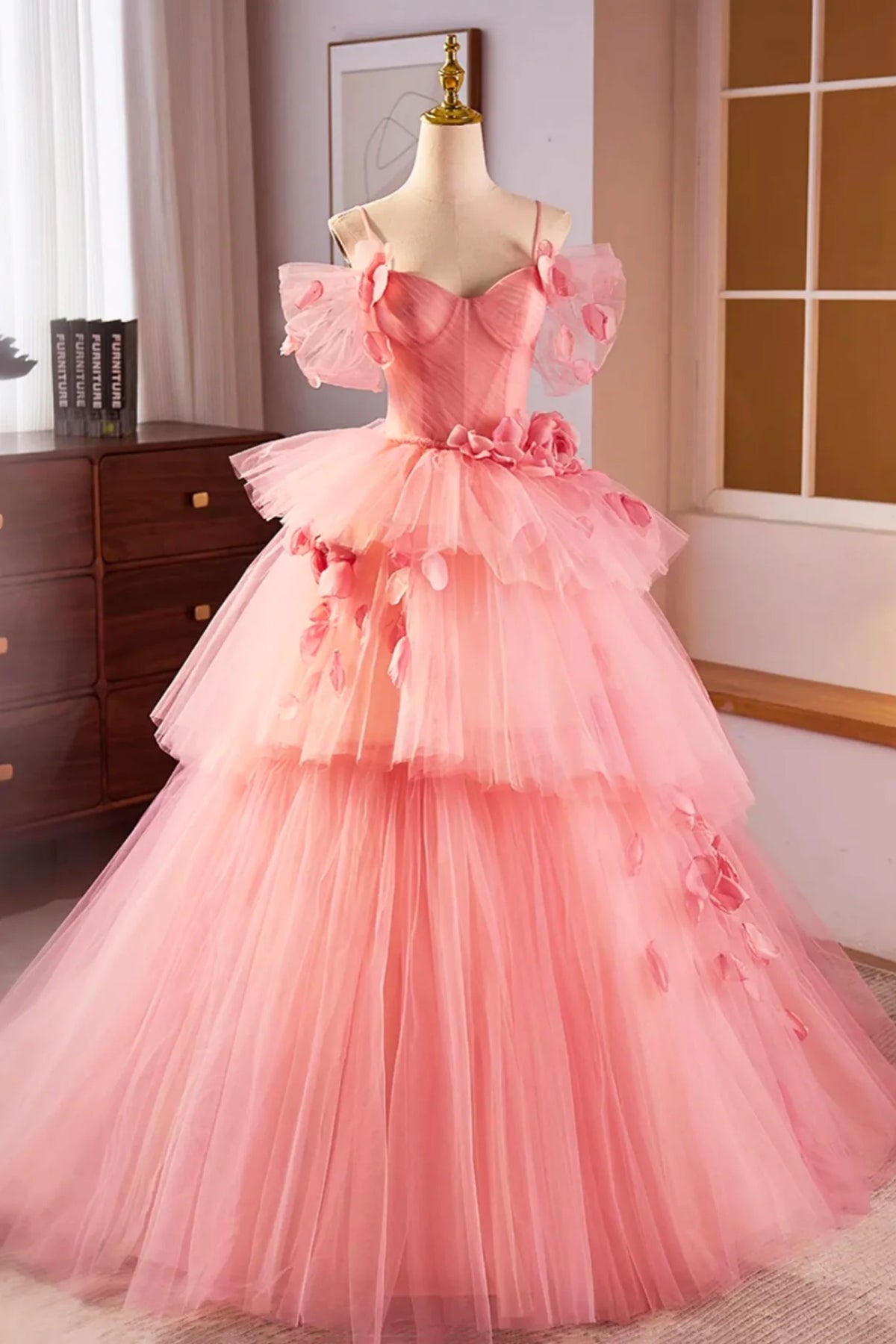 Pink Gorgeous Off Shoulder Layered Floral Long Prom Dresses, Pink Floral Formal Evening Dresses, Pink Ball Gown WT1381