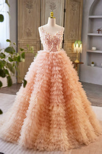 Pink Gorgeous V Neck Beaded Ruffles Long Prom Dresses, Pink Formal Evening Dresses, Princess Ball Gown WT1357