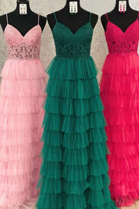 Pink/Green/Hot Pink A Line V Neck Layered Lace Long Prom Dresses, Long Pink/Green/Hot Pink Lace Formal Graduation Evening Dresses