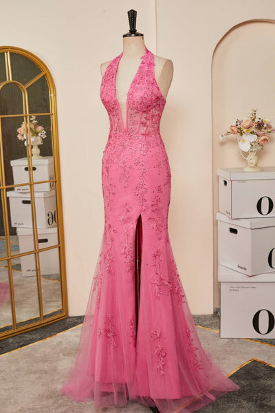 Pink Halter Neck Open Back Mermaid Lace Long Prom Dresses, Mermaid Pink Formal Dresses, Pink Lace Evening Dresses WT1343